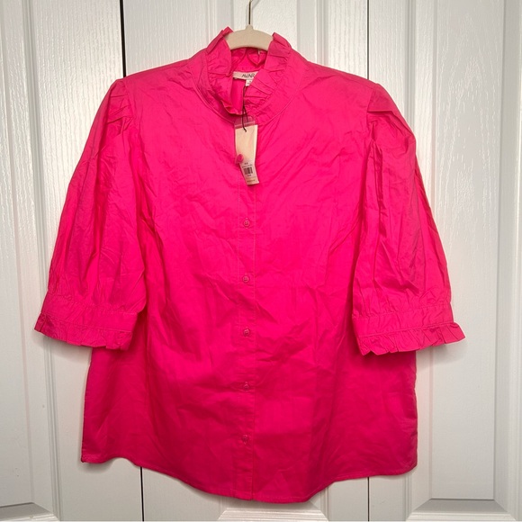 Avara Women’s Hot Pink Ruffle Bubble Sleeve Button Down Blouse Size L NWT - Picture 4 of 8